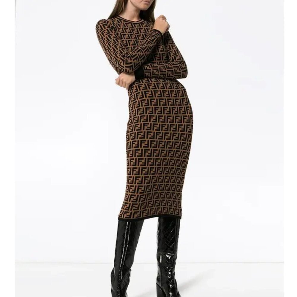 Fendi Ff Logo Jacquard Sweater Dress in Brown Lyst